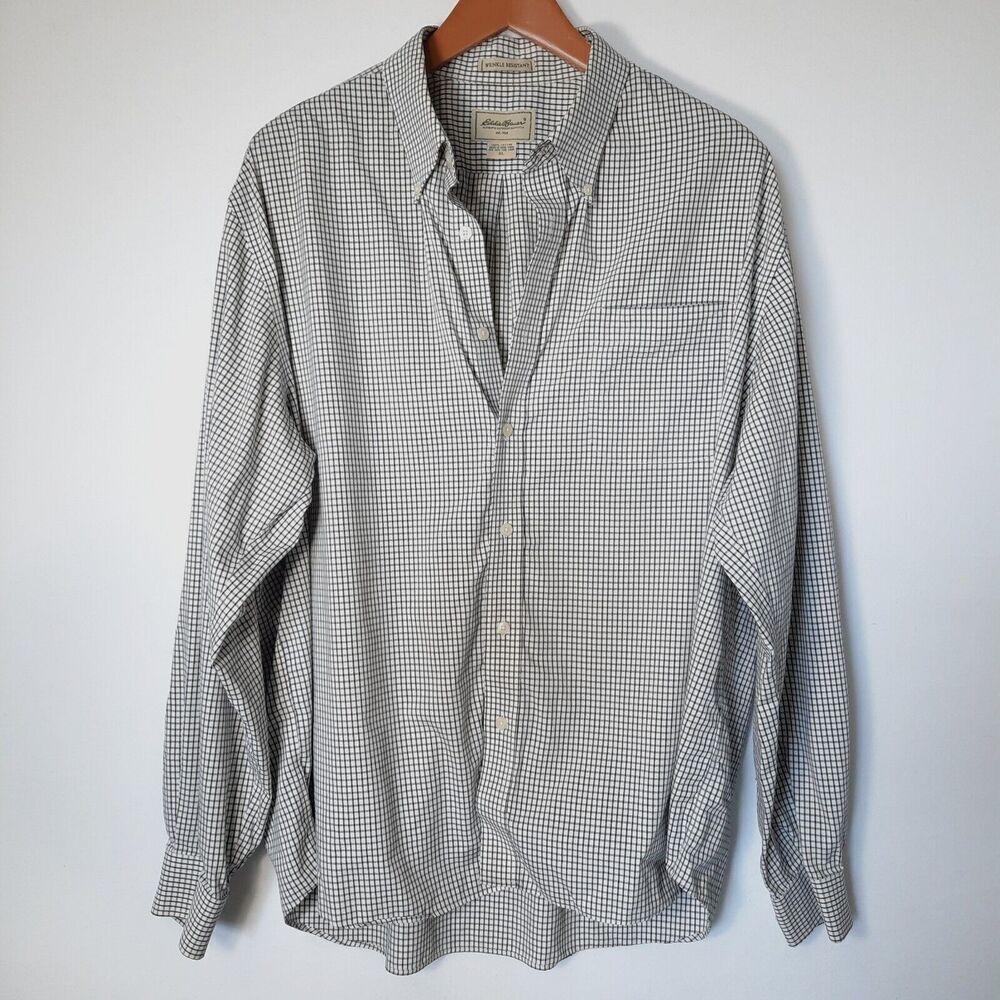 Eddie Bauer Men's Button-Down Wrinkle-Resistant XL 100% Cotton White Black Plaid